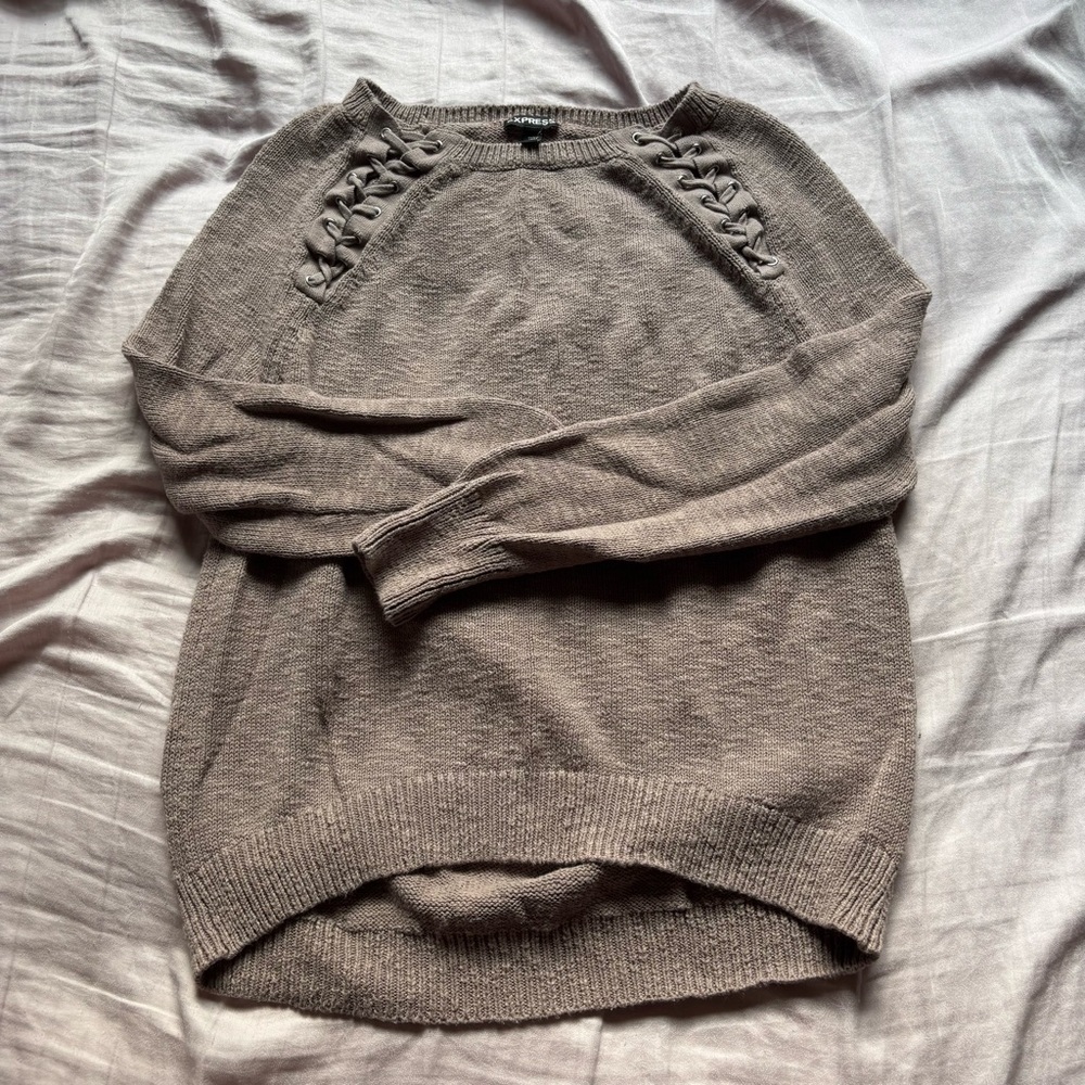 Express Taupe Lace-Up Crew Neck Sweater